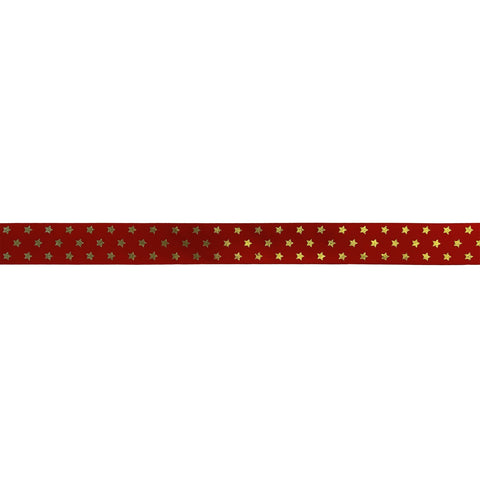 Red single-faced satin ribbon with gold twinkling stars, perfect for gift wrapping or craft projects by Jag Couture London - New York.