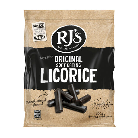 RJ's natural soft eating licorice bags by Jag Couture London - New York, showing colorful soft licorice pieces in a clear bag.