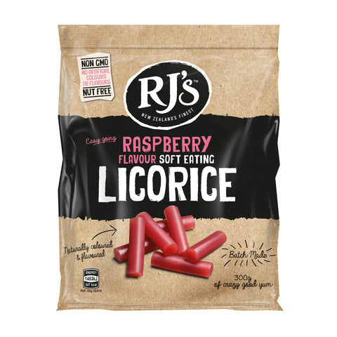 RJ's raspberry soft eating licorice bags by Jag Couture London - New York, showing vibrant raspberry-flavored licorice candies in a resealable bag.