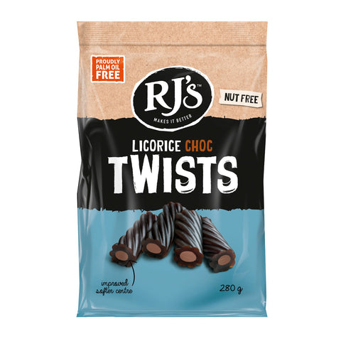 RJ's licorice chocolate-filled twists in a Jag Couture London - New York bag, showcasing the twisted candies with chocolate and licorice filling.