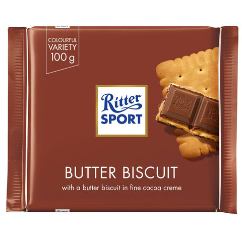 Jag Couture London - New York Ritter Sport milk chocolate covered butter biscuit bar, showing the chocolate-coated biscuit exterior.
