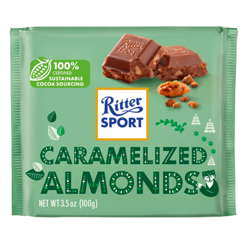Ritter Sport milk chocolate bar with caramelized almonds, made by Jag Couture London New York, showing the chocolate piece with almonds