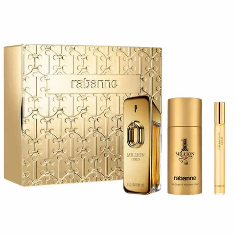 Rabanne Million Gold Eau de Parfum Intense spray set with three 100ml bottles, featuring luxurious gold packaging and elegant design.
