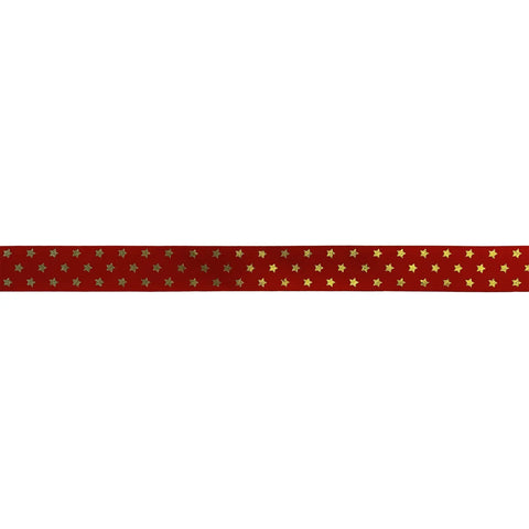 Red satin ribbon with gold twinkling stars, single faced, from Jag Couture London - New York, ideal for gift wrapping and decoration.