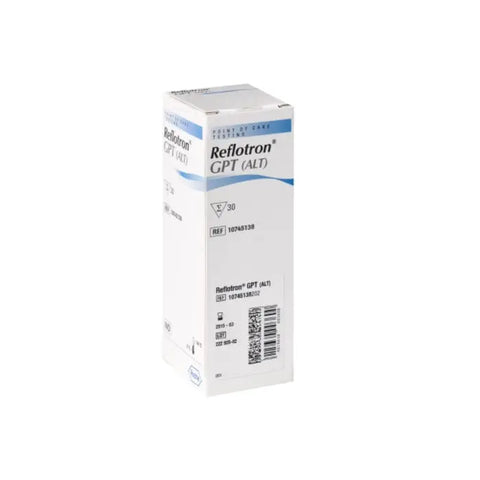 Reflotron Pyruvate Transaminase GTP test strips by Jag Couture London New York for blood analysis, shown in a close-up image.