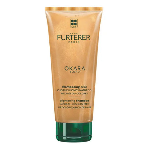 Rene Furterer Okara Blond Brightening Shampoo in 200ml bottle, with a sleek design and brand label visible.