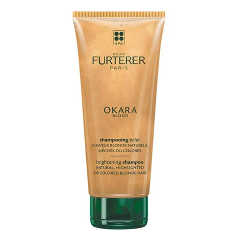 Rene Furterer Okara Blond Brightening Shampoo 200ml bottle with golden label and sleek packaging, suitable for blond hair care.