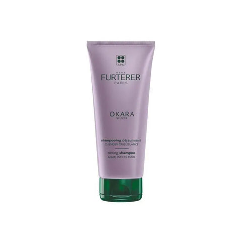 Rene Furterer Okara Silver Toning Shampoo 200ml bottle with silver label and sleek design, displayed on a white background.