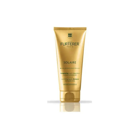 René Furterer Solaire Nourishing Repair Shampoo 200ml bottle, with sleek packaging and product label, on a clean background.