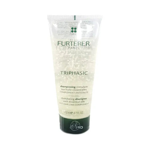 Rene Furterer Triphasic Stimulating Shampoo 200ml bottle with label, placed on a clean surface, showcasing healthy hair benefits.