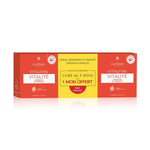 René Furterer Vitalfan Vitality Hair & Nails capsules, three 30-capsule bottles, with supplement packaging and branding details.
