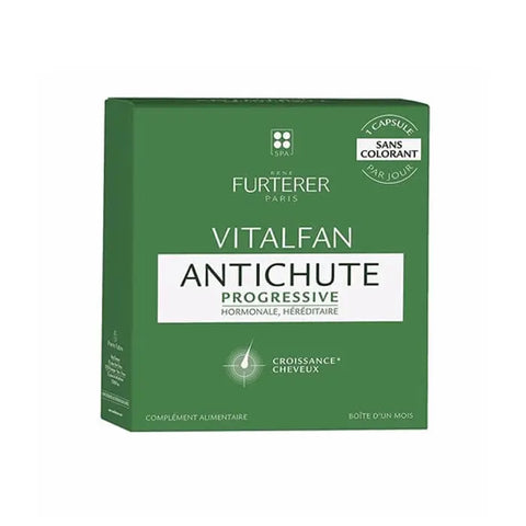 René Furterer Vitalflan Chute De Cheveux Progressive hair treatment 30 units, shown in box with product packaging.