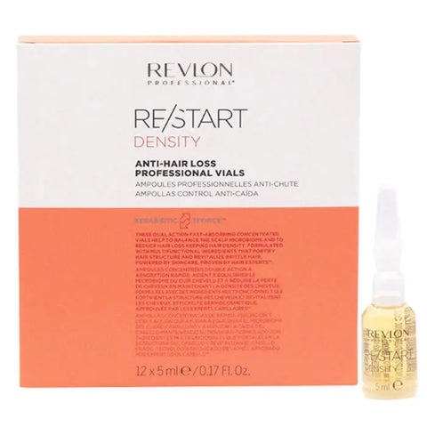 Revlon Re-Start Density Anti-Hair Loss Ampoules 12 x 5ml bottles with sleek packaging, designed to reduce hair loss.