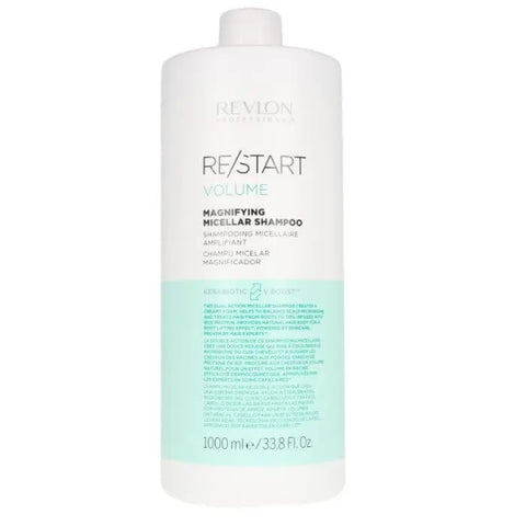 Revlon Re-Start Volume Magnifying Shampoo 1000ml in a clear bottle, with label showing product details, on a clean background.