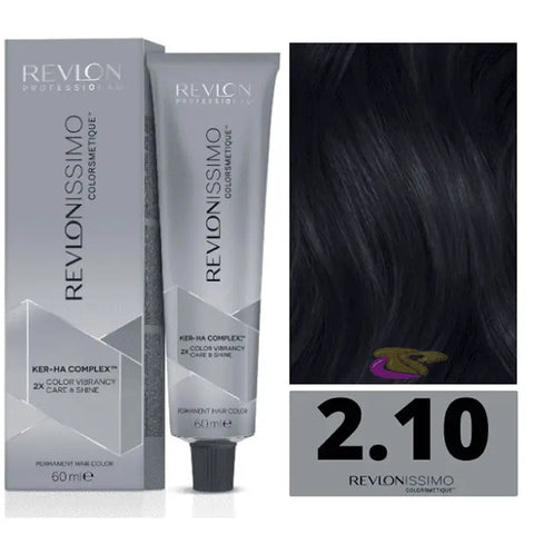 Revlon Revlonissimo Colorsmetique 2.10 Bluish Black hair dye in 60ml bottle, with brand logo and packaging visible.