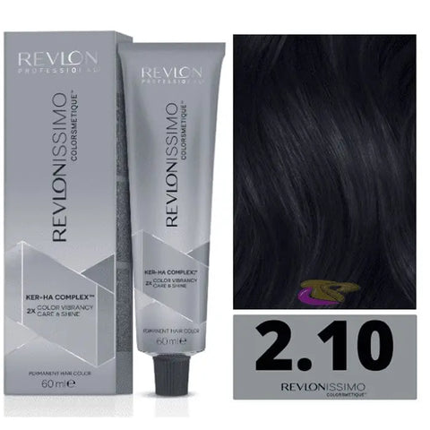 Revlon Revlonissimo Colorsmetique 2.10 Bluish Black hair dye bottle, 60ml, with brand label and black cap.