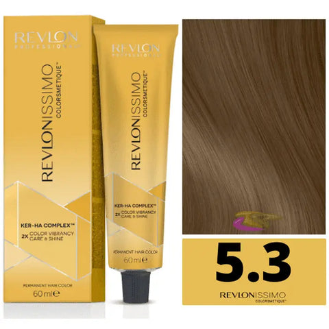 Revlon Revlonissimo Colorsmetique 5.3 Light Golden Brown hair dye in 60ml tube, displayed with brand name Jag Couture London.