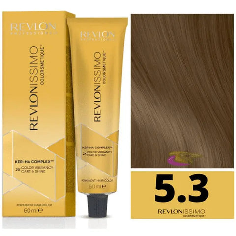 Revlon Revlonissimo Colorsmetique 5.3 Light Golden Brown hair color in 60ml tube, displayed with brand packaging.