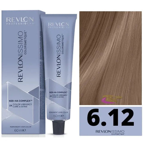 Revlon Revlonissimo Colorsmetique 6/12 Dark Blonde Iris Ash hair dye in 60ml bottle, displayed with brand branding.