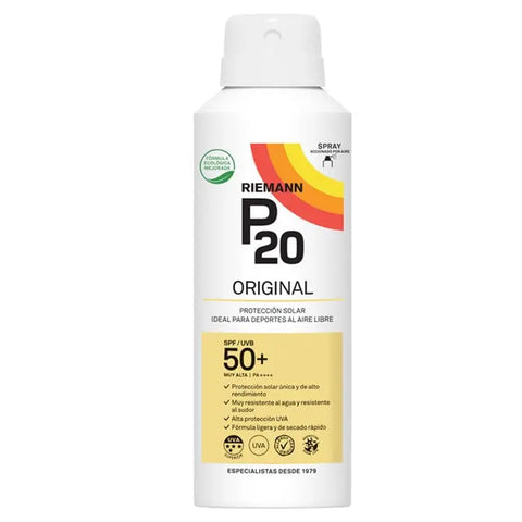 Riemann P20 Original Sunscreen SPF 50+ spray in 150ml bottle, with label showing product branding and spray nozzle.