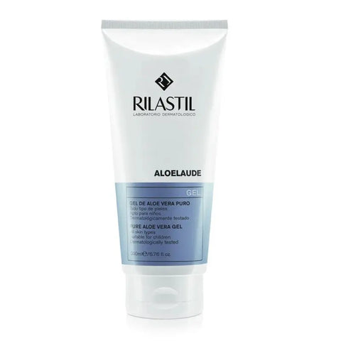 Rilastil Aloelaude Pure Aloe Vera Gel 200ml in a clear tube, with fresh aloe vera leaves and a clean, soothing appearance.