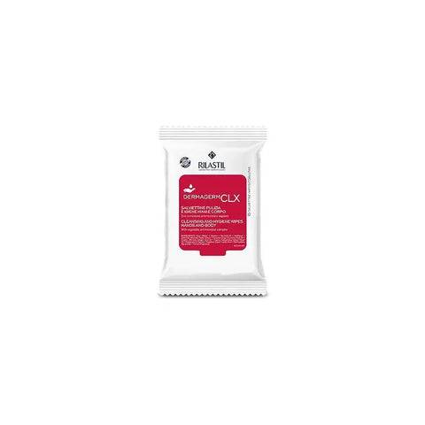 Rilastil Dermagerm CLX hand and body cleaning wipes in a pack of 15, designed for skin cleansing and refreshment.