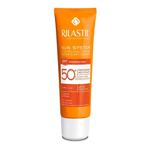 Rilastil Dermosolar SPF 50+ cream in 50ml tube, designed for sun protection, with packaging showing the product and branding.