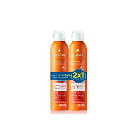 Rilastil Sun System Baby Spray SPF50+ in transparent 2x200ml bottles, featuring a gentle spray for sensitive baby skin.