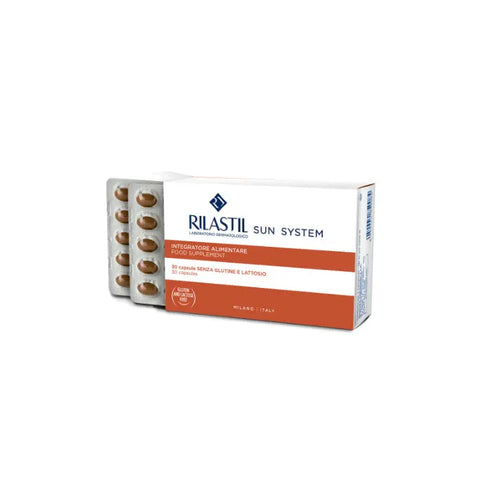 Rilastil Sun System food supplement capsules by Jag Couture London New York, showing three bottles of 30 capsules each.