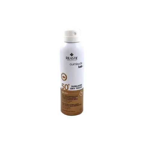 Rilastil Sunlaude SPF 50 dry touch sunscreen bottle, lightweight formula, in a sleek packaging with branding from Jag Couture London New York.
