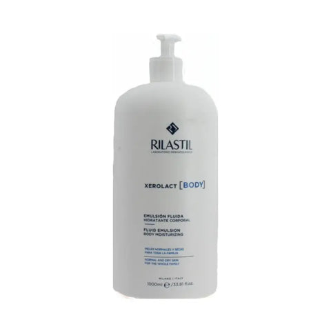 Rilastil Xerolac body milk for normal and dry skin in a 1000ml bottle, shown with packaging and product label.
