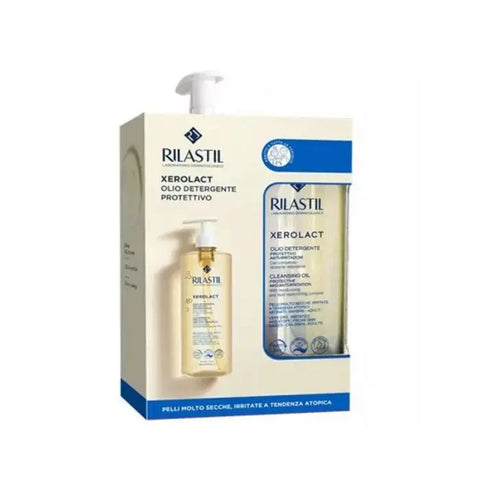 Rilastil Xerolact Oil 2-pack set with two 750ml bottles, featuring soothing skincare oil from Jag Couture London New York.