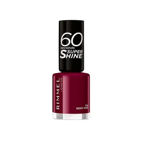 Rimmel 60 Seconds Super Shine nail polish in shade 712 Berry Pop, with glossy finish and vibrant berry color.