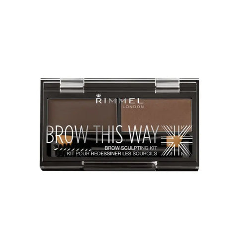 Rimmel Brow This Way eyebrow sculpting kit in dark brown with brushes and powders for shaping and defining eyebrows.
