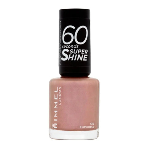 Rimmel London 60 Seconds Super Shine Nail Lacquer in shade 510 Euphoria, glossy bright pink nail polish, with brand packaging.