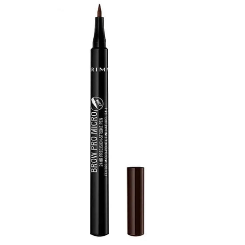 Close-up of Rimmel London Brow Pro Micro Precision Pen in shade 004 Dark Brown, showcasing the pen tip and packaging.
