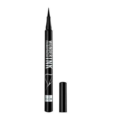 Rimmel London Wonder Ink black eyeliner pen displayed on a sleek surface with branding in the background.