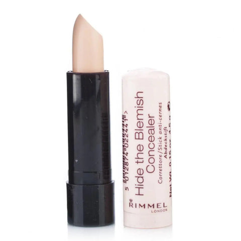 Rimmel London Hide The Blemish Concealer 001 shown in a sleek tube with a doe-foot applicator for blemish coverage.