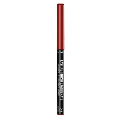 Rimmel London Lasting Finish Exaggerate Lip Liner 105 with sharp tip and sleek black packaging, displayed on a white background.