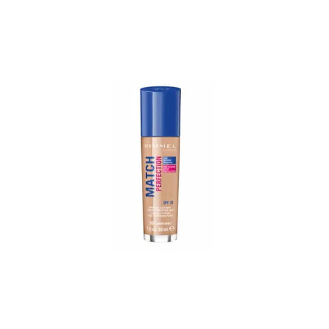 Rimmel Match Perfection Foundation in shade 301 Warm Honey, featuring a sleek bottle with a pump dispenser and product label.