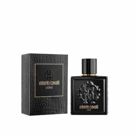 Roberto Cavalli Uomo Eau De Toilette spray in 100ml bottle, featuring a sleek design and branding from Jag Couture London New York
