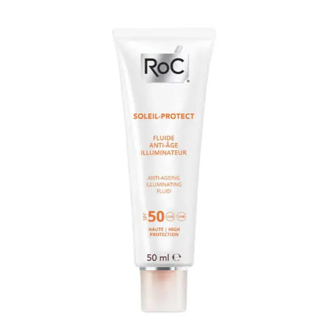 Jag Couture London Roc Soleil Protect Anti-Ageing Illuminating Fluid SPF50 50ml, shown in a sleek bottle with a pump dispenser.