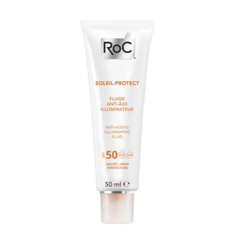 Jag Couture London Roc Soleil Protect Anti-Ageing Illuminating Fluid SPF50 in 50ml bottle, showcasing sleek packaging and product details.