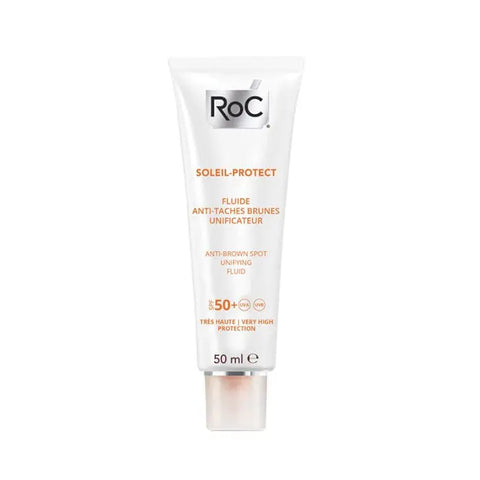 Jag Couture London Roc Soleil Protect Anti-Brown Spot Unifying Fluid SPF50+ 50ml, white bottle with pump dispenser.