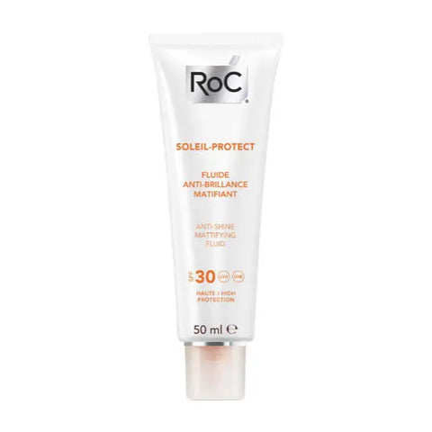 Jag Couture London Roc Soleil Protect Anti-Shine Mattifying Fluid SPF30 in 50ml bottle, showcasing sleek packaging and product details.