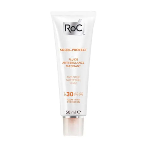 Jag Couture London Roc Soleil Protect Anti-Shine Mattifying Fluid SPF30 in 50ml, featuring a sleek bottle and smooth matte finish.