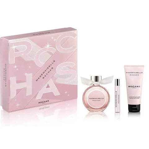Set of three Rochas Mademoiselle Eau De Perfume Spray 90ml bottles, elegant packaging with floral and classic perfume design.