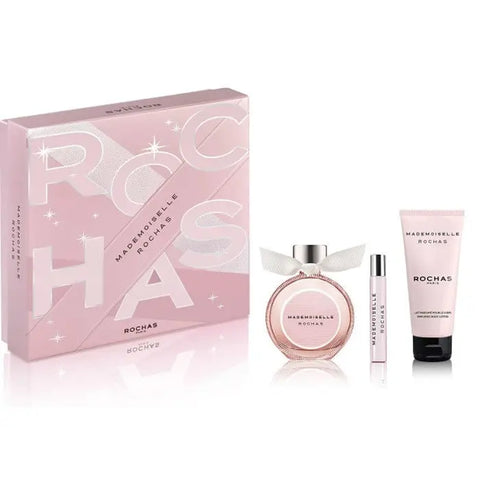 Three Rochas Mademoiselle Eau de Parfum spray bottles, 90ml set, displayed with elegant packaging and branding.