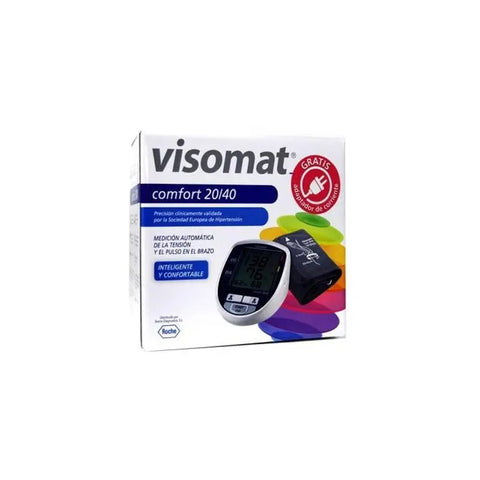 Roche Diagnostic Visomat Comfort 20-40 blood pressure monitor with power adapter, shown with cord and display screen.