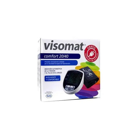Roche Diagnostic Visomat Comfort 20-40 blood pressure monitor with power adapter, shown with its adapter and display screen.